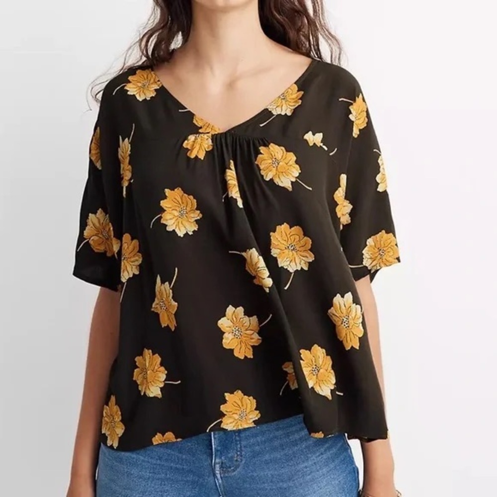 Madewell Blouse Green Yellow Floral Pullover V Neck Shirt Top Rhyme Small AD633